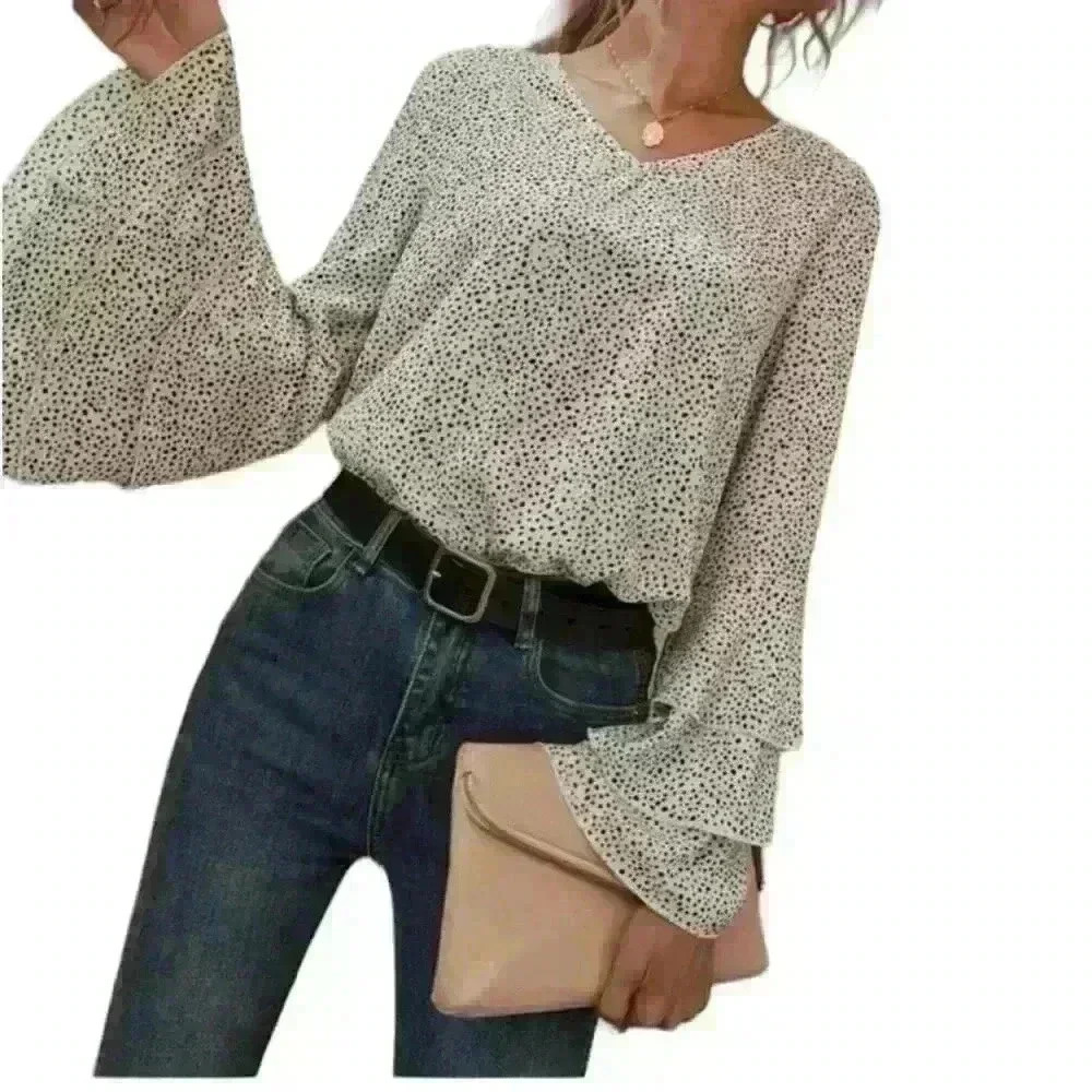 SHEIN Allover print layer long sleeve ivory and black blouse bell sleeves small - Picture 3 of 10